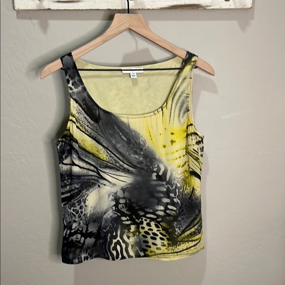 St. John Silk Tank Top Blouse Black Yellow Print Animal Graphic Abstract Crop - Picture 1 of 11